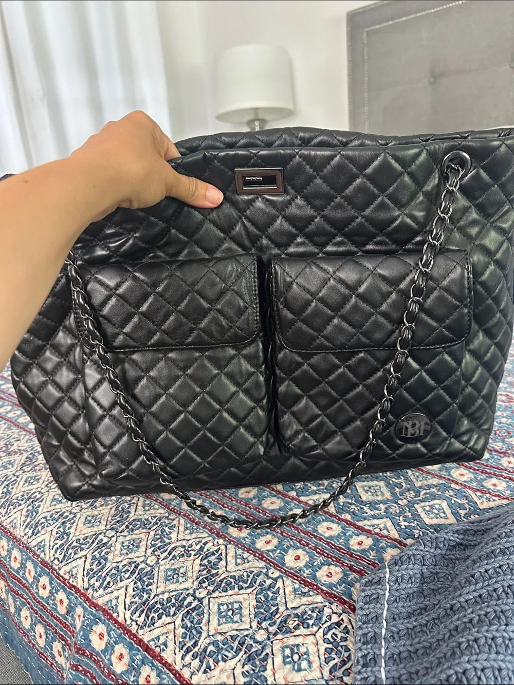 Badgley Mischka Black Quilted Chain-Handle Backpack